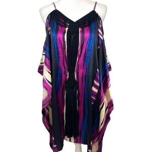 Voom By Joy Han Silk Caftan Dress Macrame Trim Knee Length Festival